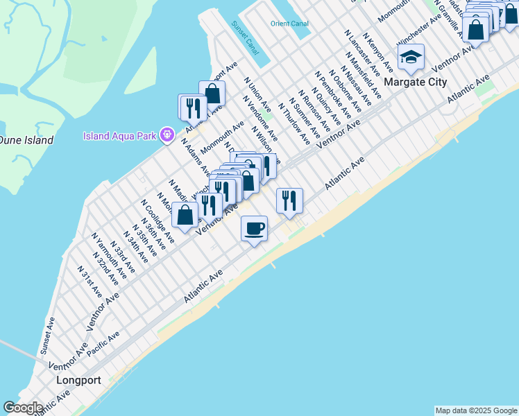 map of restaurants, bars, coffee shops, grocery stores, and more near 11 South Washington Avenue in Margate City