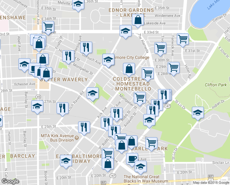 map of restaurants, bars, coffee shops, grocery stores, and more near 2652 Kirk Avenue in Baltimore