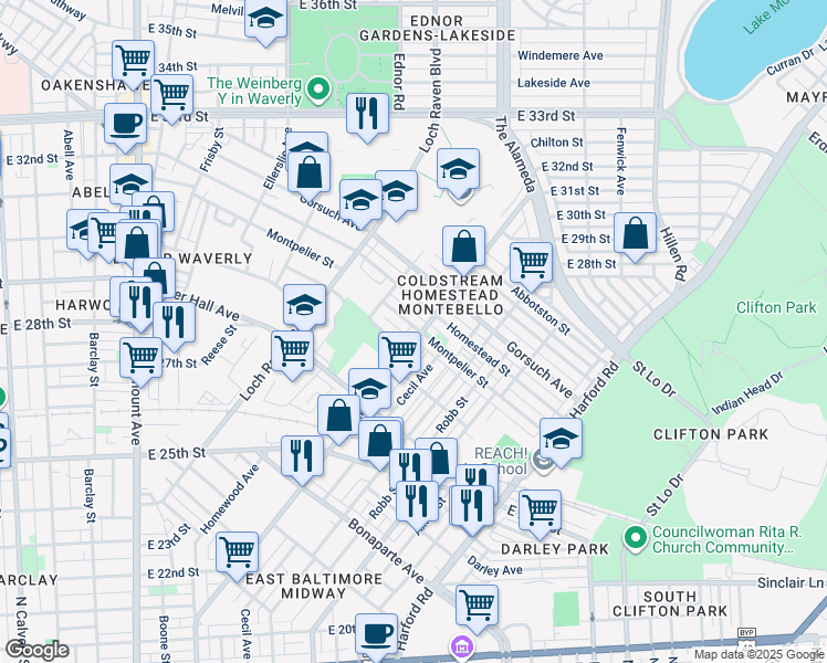 map of restaurants, bars, coffee shops, grocery stores, and more near 2652 Kirk Avenue in Baltimore