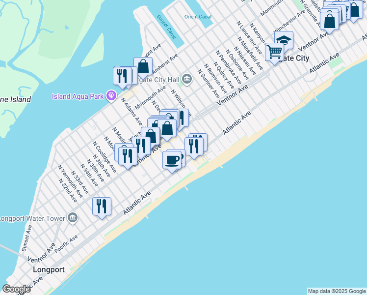map of restaurants, bars, coffee shops, grocery stores, and more near 8 South Benson Avenue in Margate City