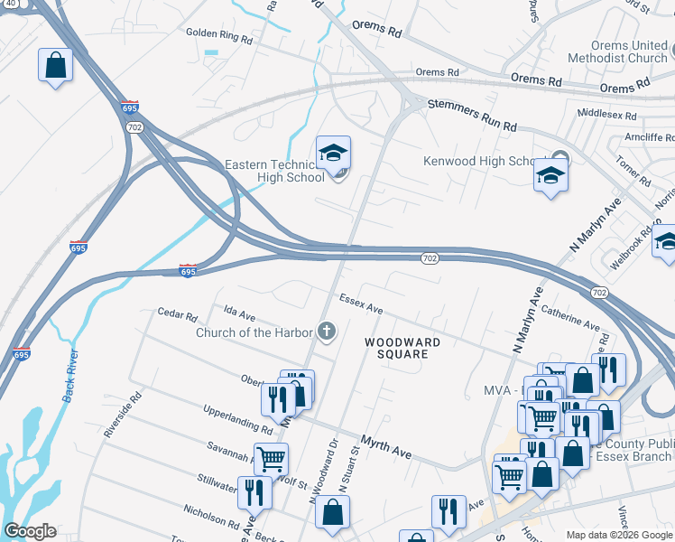 map of restaurants, bars, coffee shops, grocery stores, and more near 1008 Mace Avenue in Essex