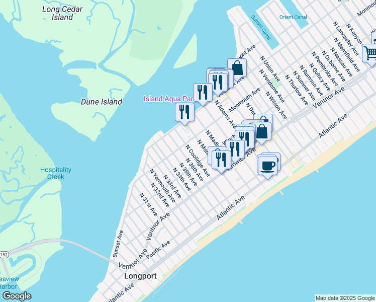 map of restaurants, bars, coffee shops, grocery stores, and more near 9712 Monmouth Avenue in Margate City