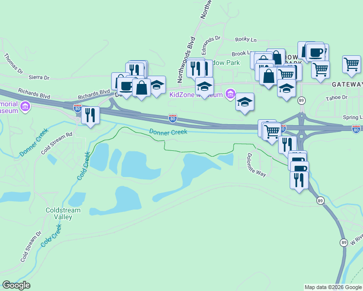 map of restaurants, bars, coffee shops, grocery stores, and more near 12005 Deerfield Drive in Truckee