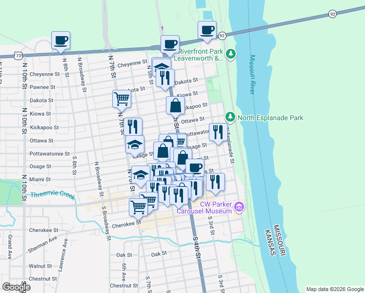 map of restaurants, bars, coffee shops, grocery stores, and more near 319 Pottawatomie Street in Leavenworth