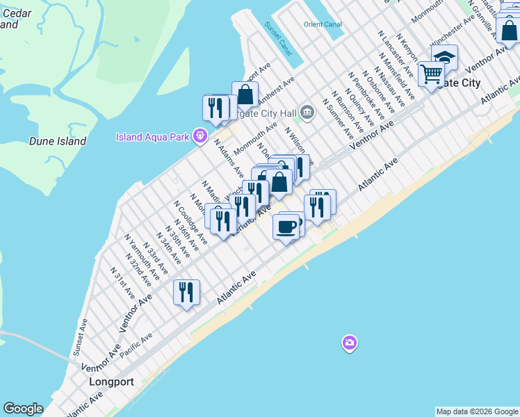 map of restaurants, bars, coffee shops, grocery stores, and more near 18 North Adams Avenue in Margate City