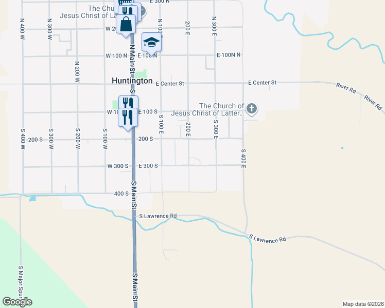 map of restaurants, bars, coffee shops, grocery stores, and more near 215 South 200 East in Huntington