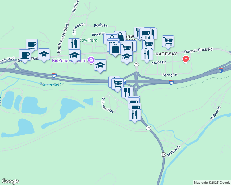 map of restaurants, bars, coffee shops, grocery stores, and more near Alan S. Hart Freeway in Truckee