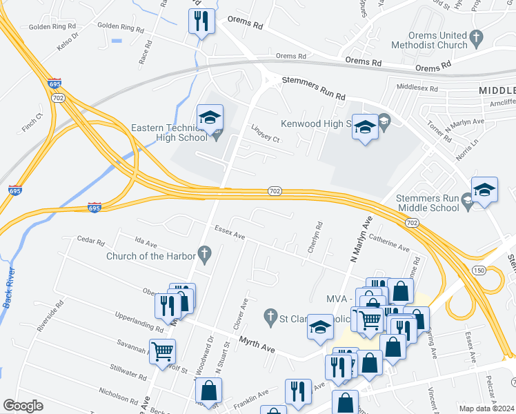 map of restaurants, bars, coffee shops, grocery stores, and more near 1036 Debbie Avenue in Essex