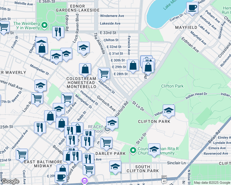 map of restaurants, bars, coffee shops, grocery stores, and more near 1714 Abbotston Street in Baltimore