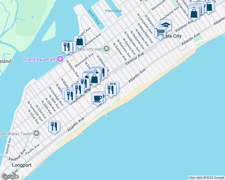map of restaurants, bars, coffee shops, grocery stores, and more near 20 South Cedar Grove Avenue in Margate City