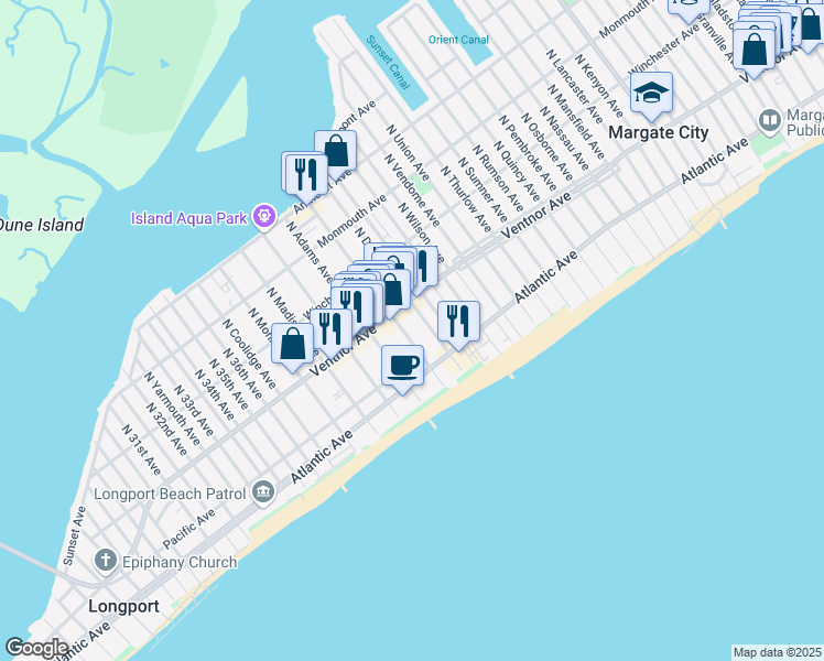 map of restaurants, bars, coffee shops, grocery stores, and more near 8 South Benson Avenue in Margate City
