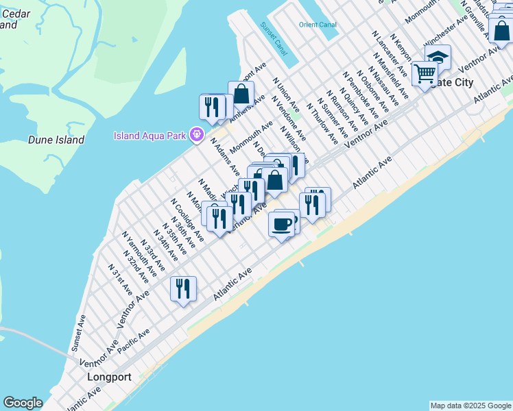 map of restaurants, bars, coffee shops, grocery stores, and more near 18 North Adams Avenue in Margate City
