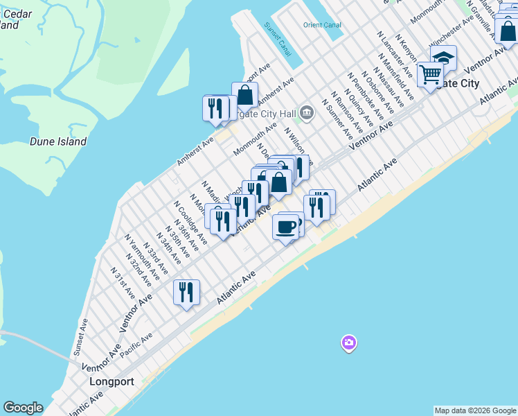 map of restaurants, bars, coffee shops, grocery stores, and more near 18 North Adams Avenue in Margate City
