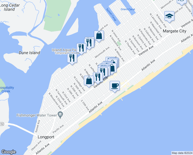 map of restaurants, bars, coffee shops, grocery stores, and more near 9505 Winchester Avenue in Margate City