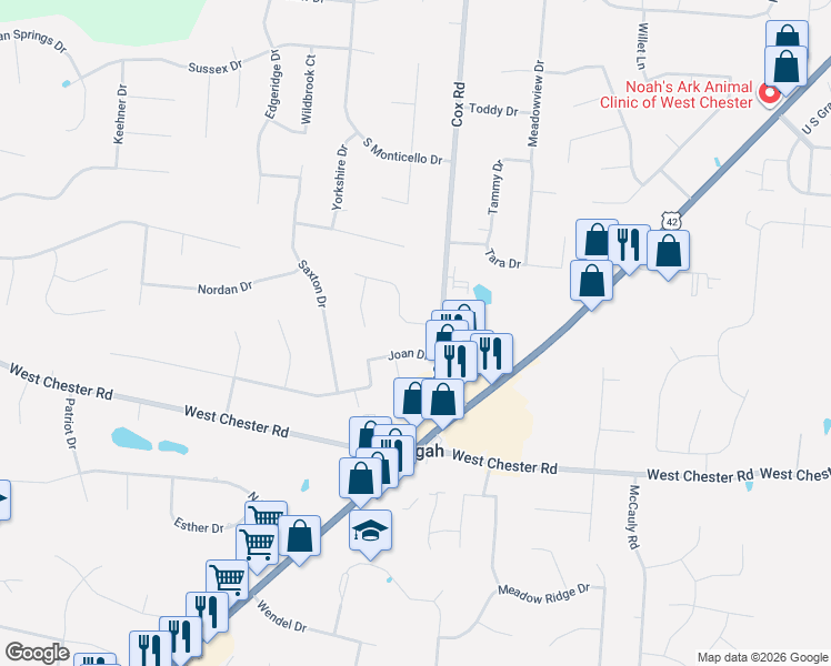 map of restaurants, bars, coffee shops, grocery stores, and more near 7752 Jonathan Court in Butler County