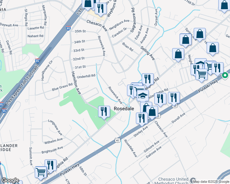 map of restaurants, bars, coffee shops, grocery stores, and more near 1322 Rosewick Avenue in Rosedale