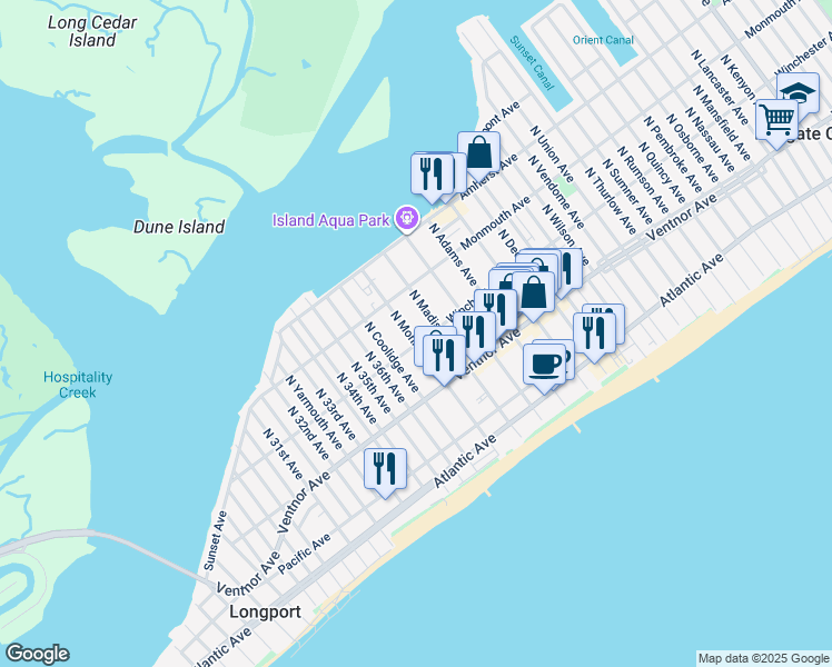 map of restaurants, bars, coffee shops, grocery stores, and more near 103 North Monroe Avenue in Margate City