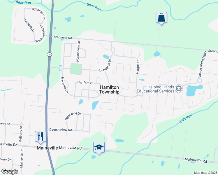map of restaurants, bars, coffee shops, grocery stores, and more near 7839 Highbrook Drive in Maineville