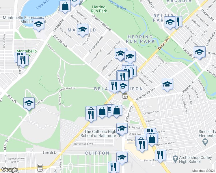map of restaurants, bars, coffee shops, grocery stores, and more near 3202 Harwell Avenue in Baltimore