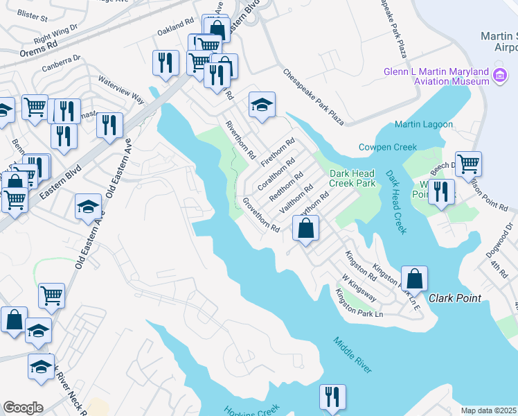 map of restaurants, bars, coffee shops, grocery stores, and more near 2111 Redthorn Road in Middle River