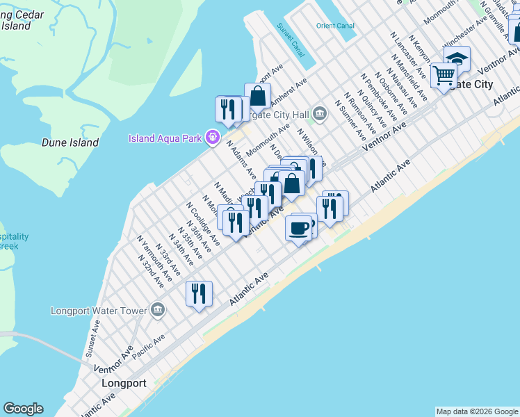 map of restaurants, bars, coffee shops, grocery stores, and more near 18 North Adams Avenue in Margate City