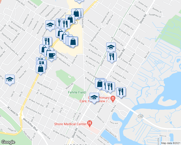 map of restaurants, bars, coffee shops, grocery stores, and more near 115 West Groveland Avenue in Somers Point