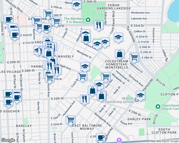 map of restaurants, bars, coffee shops, grocery stores, and more near 1400 Exeter Hall Avenue in Baltimore