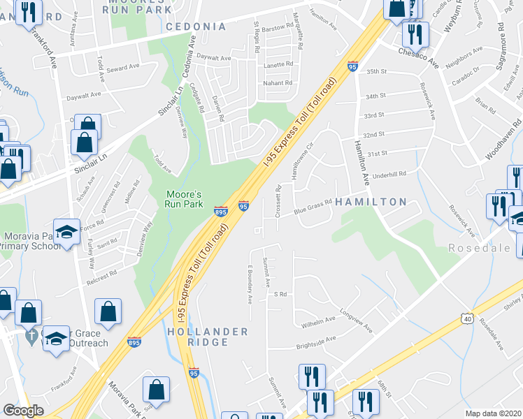 map of restaurants, bars, coffee shops, grocery stores, and more near 2317 Bluegrass Heights Court in Rosedale