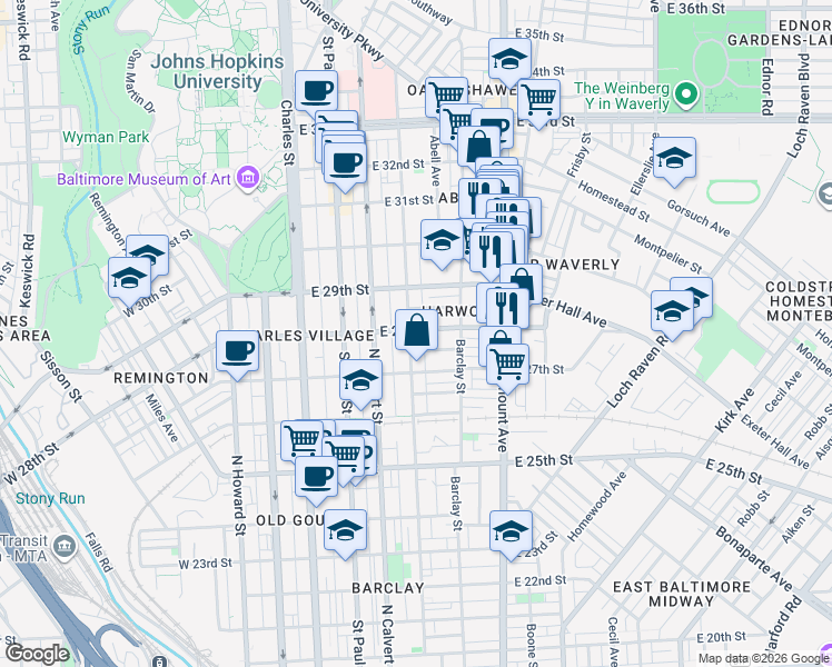 map of restaurants, bars, coffee shops, grocery stores, and more near 2743 Guilford Avenue in Baltimore
