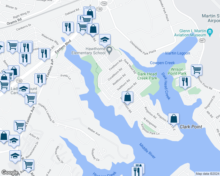map of restaurants, bars, coffee shops, grocery stores, and more near 2120 Redthorn Road in Middle River