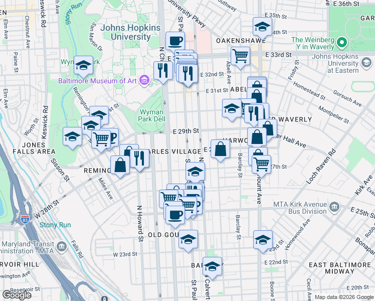 map of restaurants, bars, coffee shops, grocery stores, and more near St Paul St & E 28th St in Baltimore