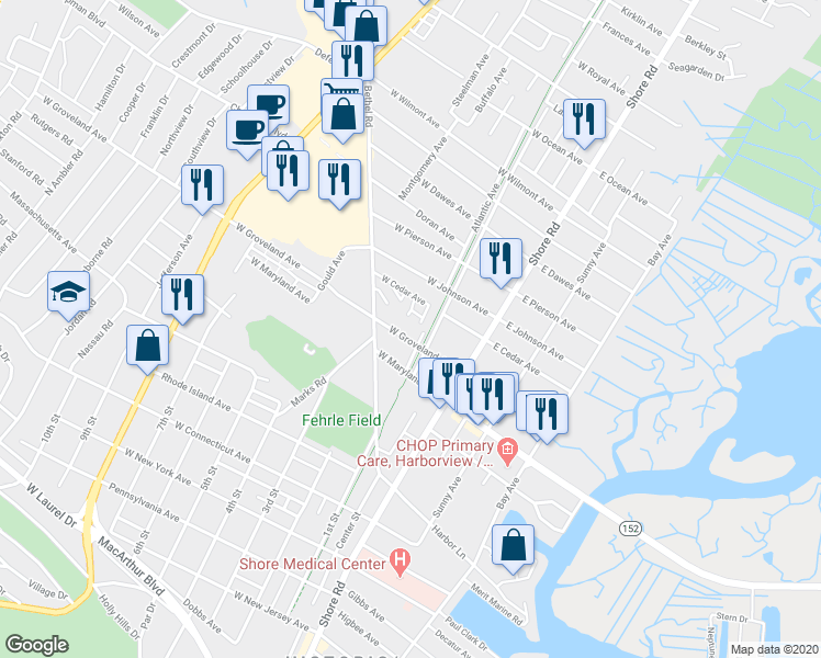 map of restaurants, bars, coffee shops, grocery stores, and more near 113 West Groveland Avenue in Somers Point
