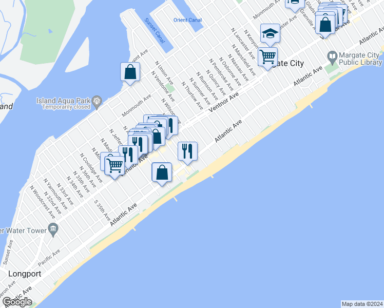 map of restaurants, bars, coffee shops, grocery stores, and more near 20 South Cedar Grove Avenue in Margate City
