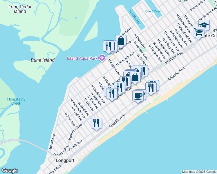 map of restaurants, bars, coffee shops, grocery stores, and more near 112 North Madison Avenue in Margate City