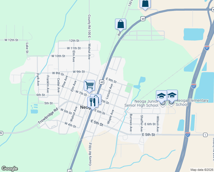 map of restaurants, bars, coffee shops, grocery stores, and more near 595 Chestnut Avenue in Neoga