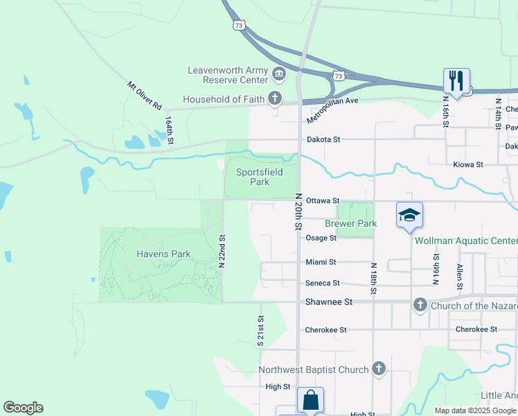 map of restaurants, bars, coffee shops, grocery stores, and more near 2101 Ottawa Street in Leavenworth