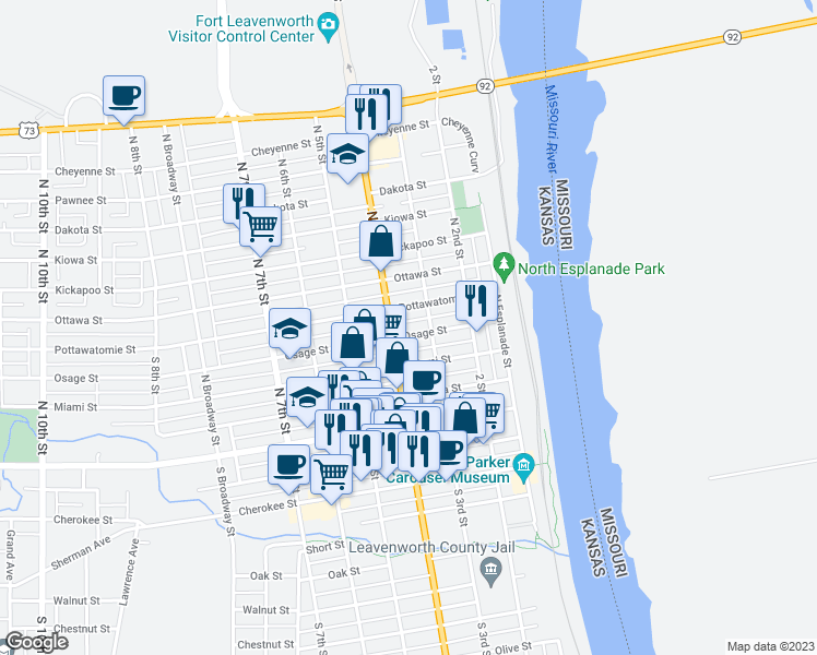 map of restaurants, bars, coffee shops, grocery stores, and more near 318 Osage Street in Leavenworth
