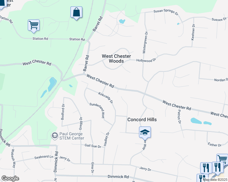 map of restaurants, bars, coffee shops, grocery stores, and more near 7103 West Chester Road in Butler County
