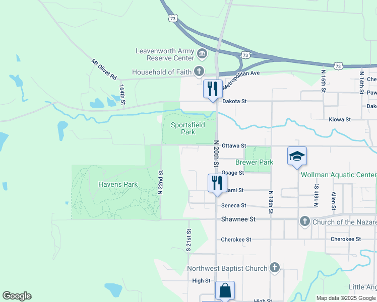 map of restaurants, bars, coffee shops, grocery stores, and more near 706 North 20th Street in Leavenworth