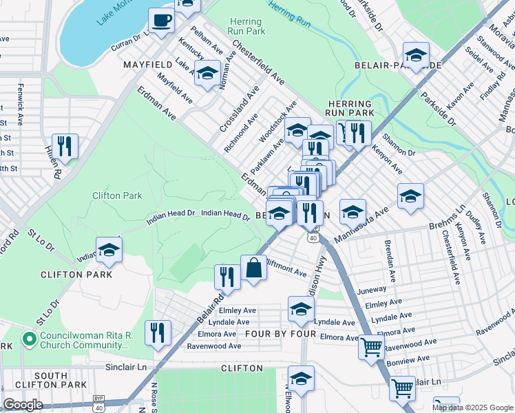 map of restaurants, bars, coffee shops, grocery stores, and more near 2908 Clifton Park Terrace in Baltimore