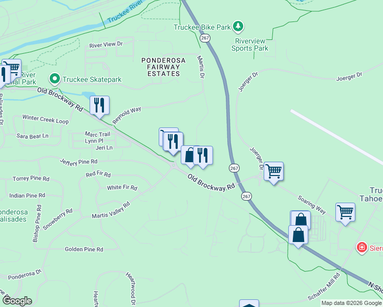 map of restaurants, bars, coffee shops, grocery stores, and more near 11325 Brockway Road in Truckee
