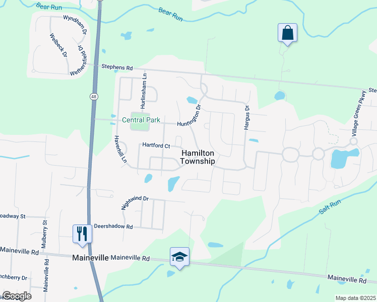 map of restaurants, bars, coffee shops, grocery stores, and more near 430 Hartford Court in Maineville