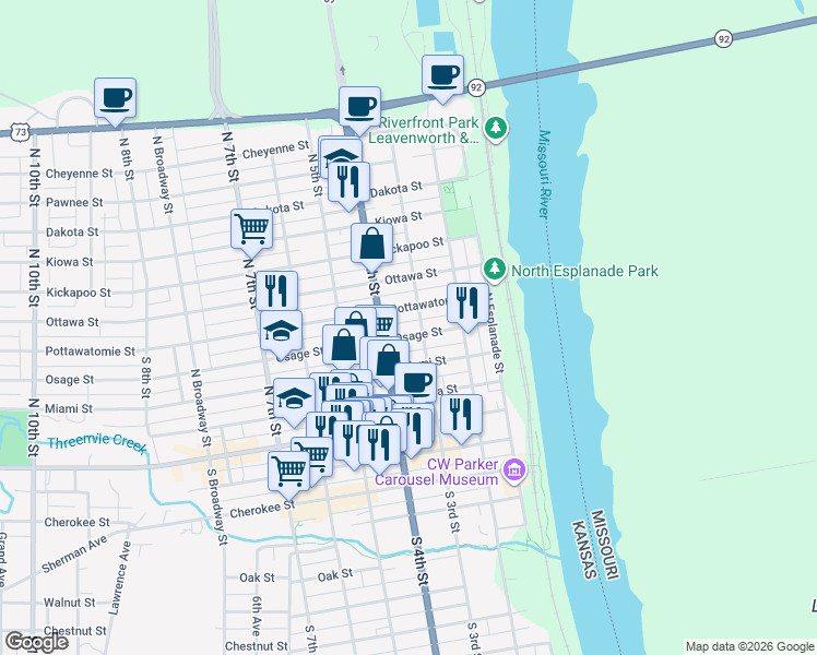 map of restaurants, bars, coffee shops, grocery stores, and more near 314 Osage Street in Leavenworth