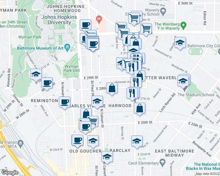map of restaurants, bars, coffee shops, grocery stores, and more near East 28th Street & Guilford Avenue in Baltimore
