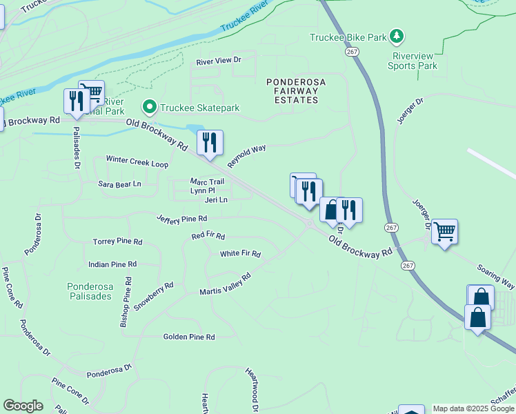 map of restaurants, bars, coffee shops, grocery stores, and more near 11070 Brockway Road in Truckee