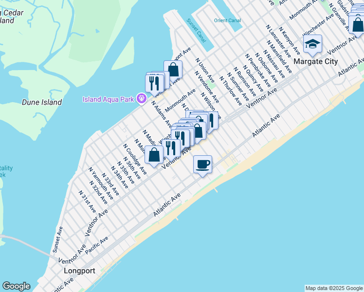 map of restaurants, bars, coffee shops, grocery stores, and more near 18 North Adams Avenue in Margate City