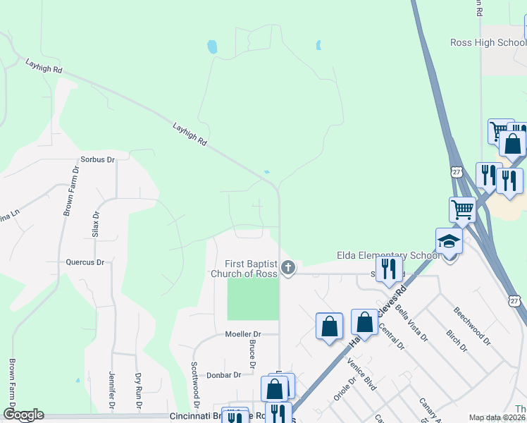 map of restaurants, bars, coffee shops, grocery stores, and more near 3880 Layhigh Road in Hamilton