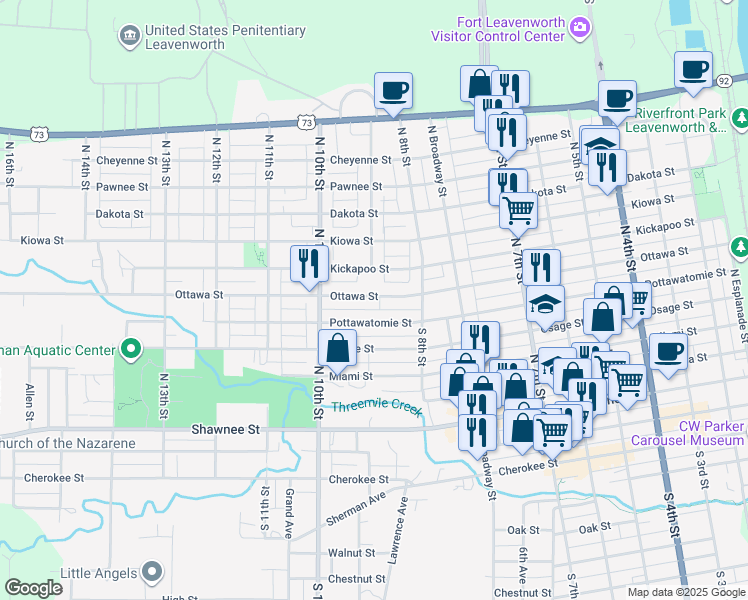 map of restaurants, bars, coffee shops, grocery stores, and more near 838 Ottawa Street in Leavenworth