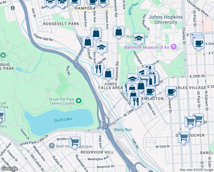 map of restaurants, bars, coffee shops, grocery stores, and more near 810 Wyman Park Drive in Baltimore
