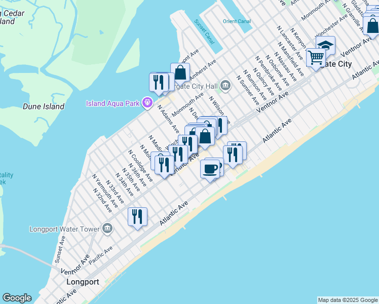 map of restaurants, bars, coffee shops, grocery stores, and more near 18 North Adams Avenue in Margate City